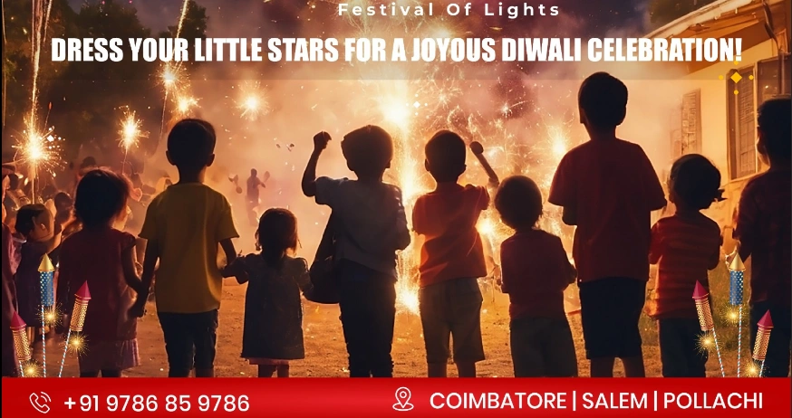 Cute kids wearing trendy Diwali festive outfits with colorful traditional dresses