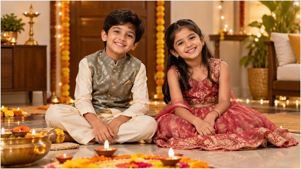 Kids festive wear for Diwali with boys and girls in traditional outfits