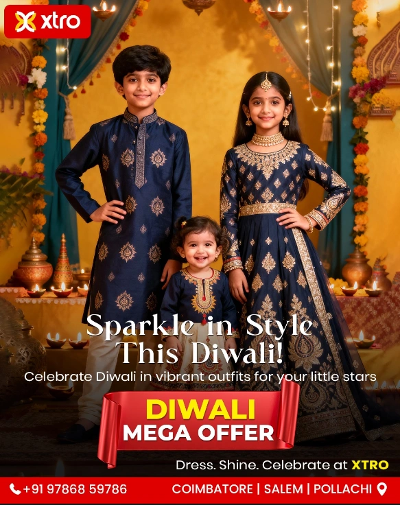 Kids wearing adorable and trendy Diwali festive clothing at XTRO kids wear store in Coimbatore